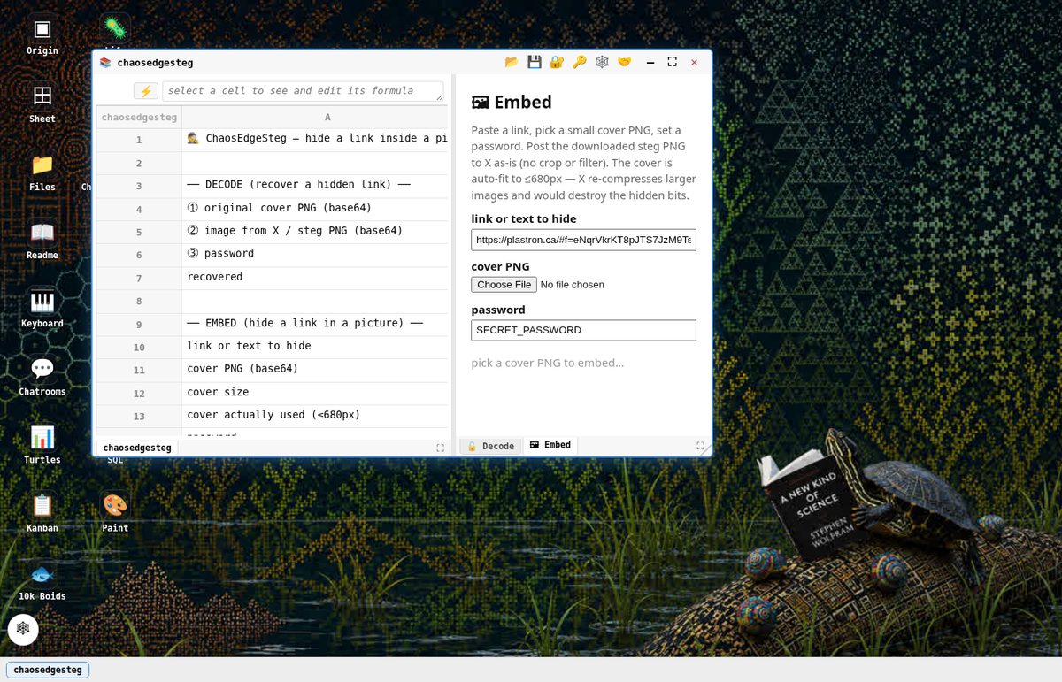 ChaosEdgeSteg workbook open — worksheet on the left, Decode and Embed view panes on the right